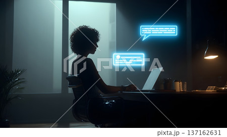 Intelligent chatbot interface projected in executive workspace professional dramatic lighting 137162631