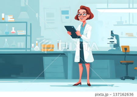 Clean flat vector of a female scientist using a tablet in a laboratory 137162636
