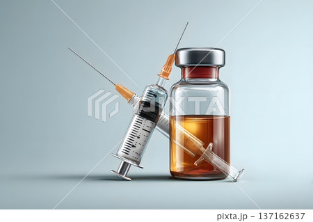 2D vector art of a vaccine bottle and a syringe for immunization concept 137162637