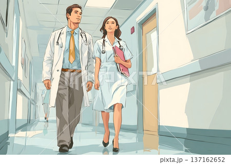 2D vector art of a doctor and a nurse walking in a hospital corridor 2D vector art of a doctor and a nurse walking in a hospital corridor 137162652