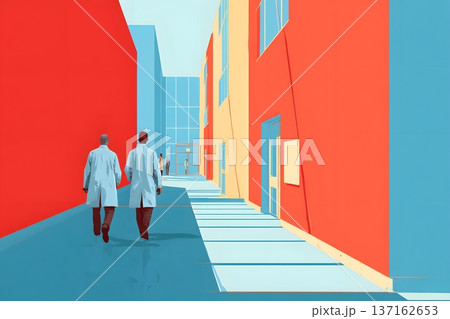 2D vector art of a doctor and a nurse walking in a hospital corridor 2D vector art of a doctor and a nurse walking in a hospital corridor 137162653