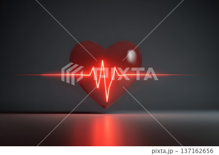 Minimalist flat design of a red heart with a glowing digital pulse line 137162656