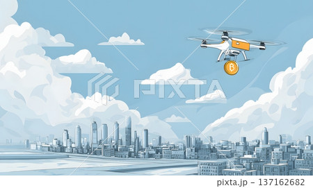 Clean 2D art of a delivery drone carrying a gold coin over a flat city landscape 137162682