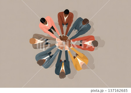 Minimalist flat vector of a diverse team of bankers joining hands in unity 137162685