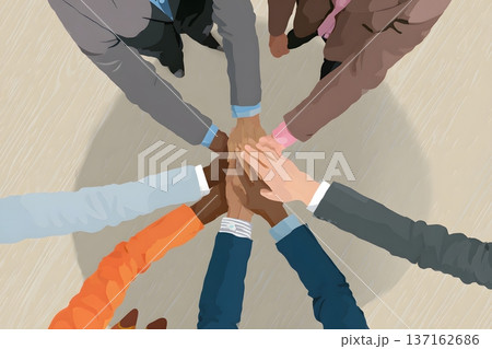 Minimalist flat vector of a diverse team of bankers joining hands in unity 137162686