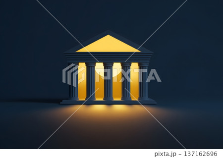 Minimalist flat design of a bank building icon with a glowing gold roof 137162696