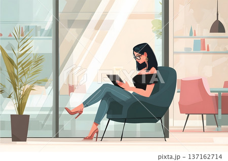 Clean flat vector of a female investor using a tablet in a modern lounge 137162714