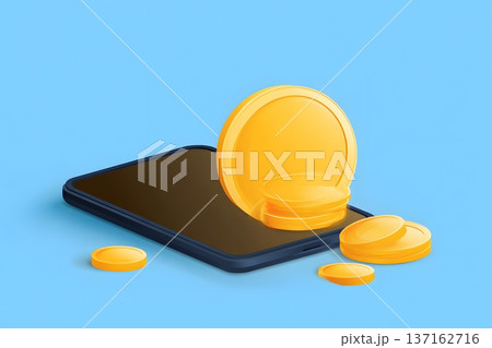 2D vector art of a gold coin and a smartphone for mobile banking concept 2D vector art of a gold coin and a smartphone for mobile banking concept 137162716