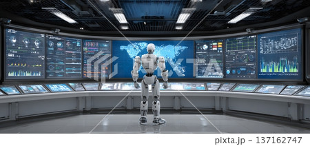 High quality cinematic illustration of intelligent enterprise robot managing global analytics dashboard inside panoramic corporate command center ultra detailed lighting High quality cinematic illustration of intelligent enterprise robot managing global analytics dashboard inside panoramic corporate command center ultra detailed lighting 137162747