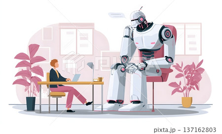 Corporate decision support system illustrated with humanoid robot in minimal office 137162803