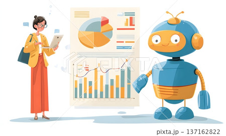 High clarity illustration of robotic marketing strategist analyzing engagement data High clarity illustration of robotic marketing strategist analyzing engagement data 137162822