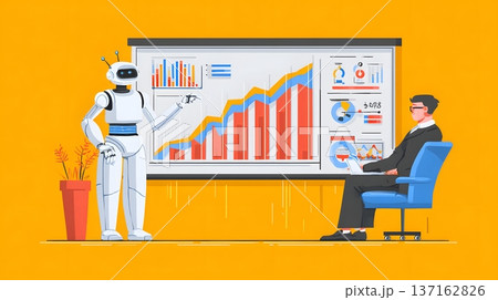 Business transformation concept illustrated with AI assistant and KPI metrics wall Business transformation concept illustrated with AI assistant and KPI metrics wall 137162826