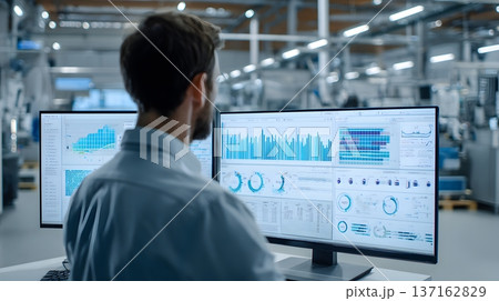 Corporate productivity scene automation assistant reviewing performance grid 137162829