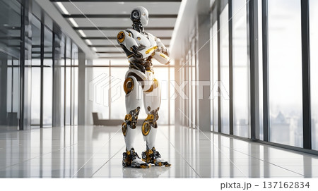 Enterprise innovation illustration humanoid robot standing confidently in headquarters lobby Enterprise innovation illustration humanoid robot standing confidently in headquarters lobby 137162834