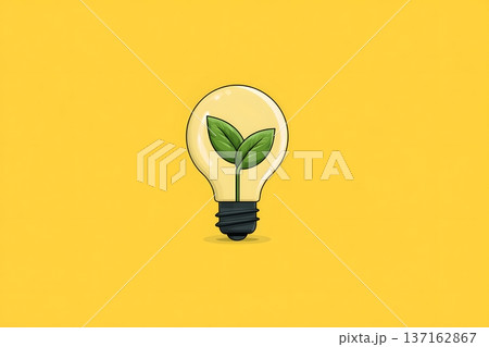 Minimalist flat design of a light bulb and a green leaf for eco ideas 137162867