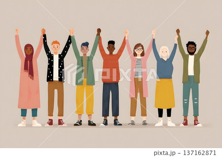 Minimalist flat vector of a diverse group of people joining hands in unity 137162871