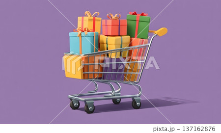 Flat design illustration of an online shopping cart with colorful parcels Flat design illustration of an online shopping cart with colorful parcels 137162876