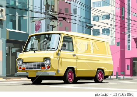 Minimalist flat vector art of a delivery van in a city street Minimalist flat vector art of a delivery van in a city street 137162886