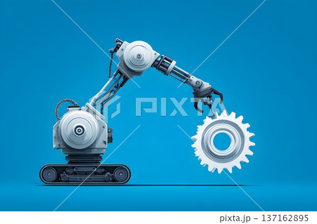 Minimalist flat vector of a robotic arm assembling a gear clean blue background Minimalist flat vector of a robotic arm assembling a gear clean blue background 137162895