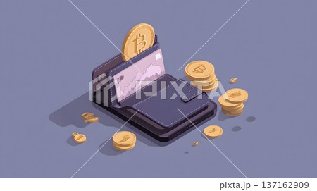 Flat vector of a digital wallet with symbols for cryptocurrency and finance 137162909