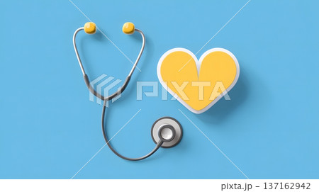 Flat design illustration of a stethoscope and a digital heart icon on a blue background 137162942