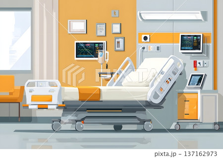 Flat illustration of a hospital room with a smart bed and digital monitors Flat illustration of a hospital room with a smart bed and digital monitors 137162973