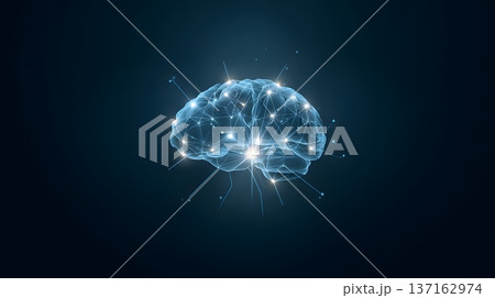 Minimalist flat design of a brain icon with glowing neural network lines 137162974