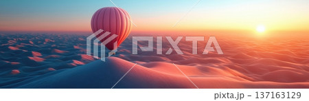Serene Hot Air Balloon Soaring Over Expansive Sand Dunes Under Vibrant Sunrise Sky 137163129