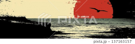 Serene Sunset Over the Ocean with a Silhouette of a Bird in a Calm Seaside Landscape Serene Sunset Over the Ocean with a Silhouette of a Bird in a Calm Seaside Landscape 137163157