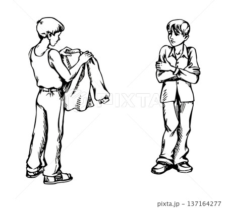 Vector drawing. The boy is picking up his shirt 137164277