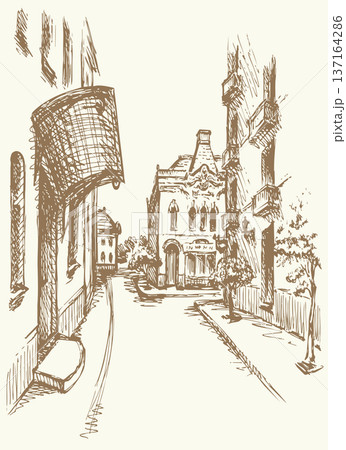 Vector illustration of an old town street. Vector illustration of an old town street. 137164286