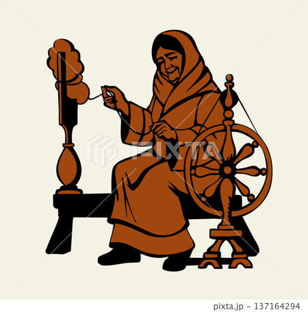 Vector drawing. Grandmother with a Spindle 137164294