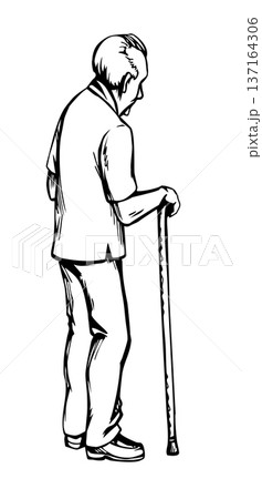 Vector drawing. Old man with wooden stick 137164306