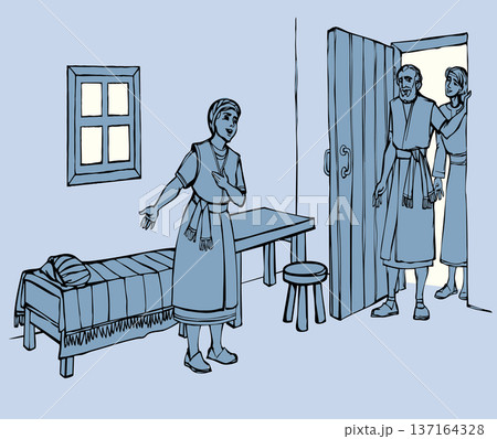Vector drawing. A woman offers housing to the prophet Elisha. 137164328