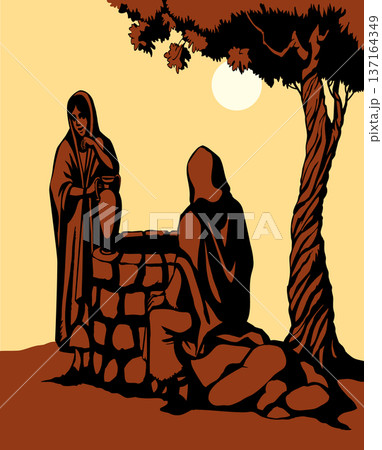 Vector drawing. Jesus and woman Vector drawing. Jesus and woman 137164349