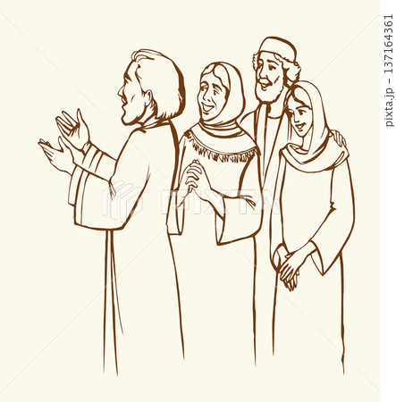 Vector drawing. Ancient family listen a father Vector drawing. Ancient family listen a father 137164361