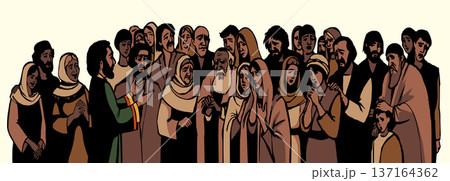Vector drawing. Ancient family listen a father Vector drawing. Ancient family listen a father 137164362