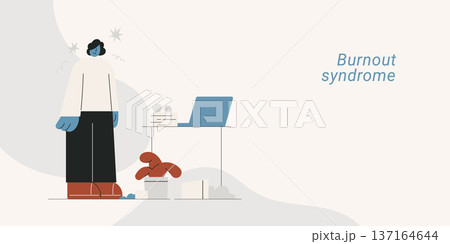 Burnout syndrome with exhausted woman experiencing stress, overwork and mental fatigue. Flat design vector illustration for mental health, burnout and workplace wellness concepts. 137164644