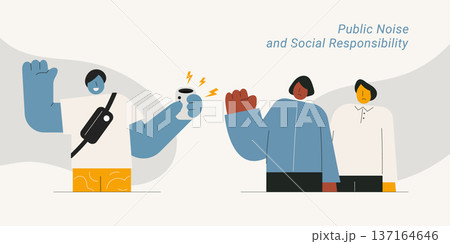 Public noise and social responsibility showing man with speaker disturbing others. Flat design vector illustration for noise pollution, public etiquette and social awareness concepts. 137164646