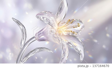 白とライラックのきらめく背景にクリスタルのユリの花：宝石の質感、エレガントな花柄の壁紙イラスト 137164670