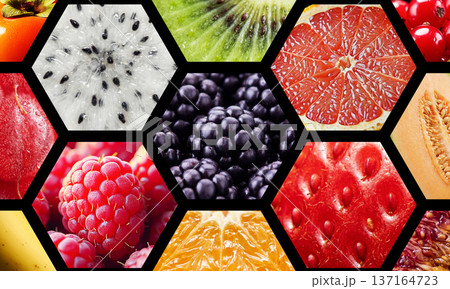 Various types of fruits arranged geometrically in the image. Natural choice for a balanced healthy diet Various types of fruits arranged geometrically in the image. Natural choice for a balanced healthy diet 137164723