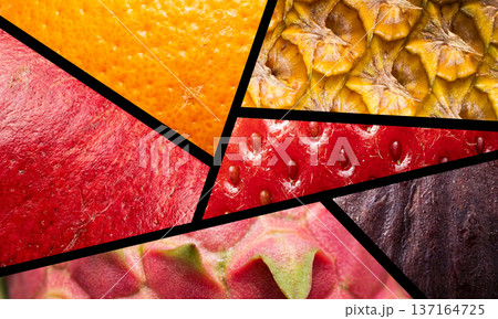 Various types of fruits arranged geometrically in the image. Natural choice for a balanced healthy diet Various types of fruits arranged geometrically in the image. Natural choice for a balanced healthy diet 137164725
