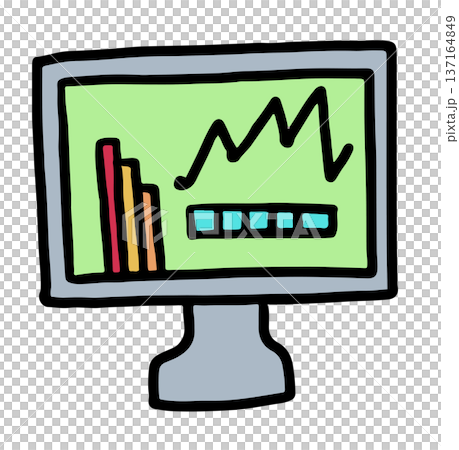 Hand drawn illustration of computer screen with graphs for meeting, presentation, office supplies, back to school, data, weekdays, retail, stores, department store, working, office icon, data, info 137164849
