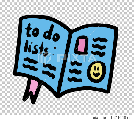 Hand drawn illustration of notebook with to do lists for office workers, back to school, office supplies, sticker, leisure, hobby, activity, department store, stationery, lifestyle, weekdays, writing Hand drawn illustration of notebook with to do lists for office workers, back to school, office supplies, sticker, leisure, hobby, activity, department store, stationery, lifestyle, weekdays, writing 137164852