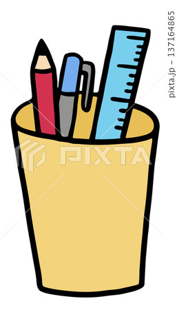 Hand drawn illustration of cup with stationery pen, pencil, ruler for meeting, presentation, office supplies, back to school, data, weekdays, table essentials, department store, working, office icon 137164865