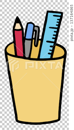 Hand drawn illustration of cup with stationery pen, pencil, ruler for meeting, presentation, office supplies, back to school, data, weekdays, table essentials, department store, working, office icon 137164865