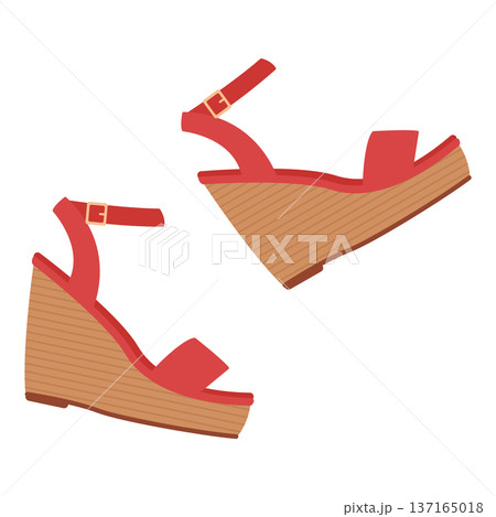 Red wedge sandals. Summer clothing design. Flat-style vector illustration isolated on a white background 137165018