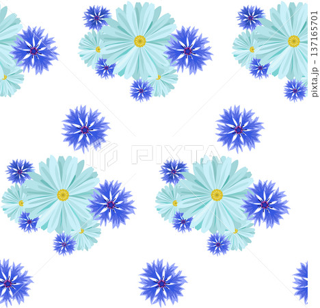 seamless background with light blue daisies and blue, lilac cornflowers and green leaves on a white background. seamless background with light blue daisies and blue, lilac cornflowers and green leaves on a white background. 137165701