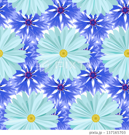 Vector seamless background with light blue daisies and blue, lilac cornflowers . Vector seamless background with light blue daisies and blue, lilac cornflowers . 137165703