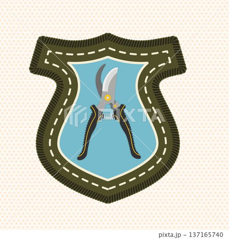 Scout badge with garden pruning shears. Vector. Merit patch, sticker for camping outdoor and academic activities. Perfect for scouting programs, gardening clubs, outdoor education, camp activities, Scout badge with garden pruning shears. Vector. Merit patch, sticker for camping outdoor and academic activities. Perfect for scouting programs, gardening clubs, outdoor education, camp activities, 137165740